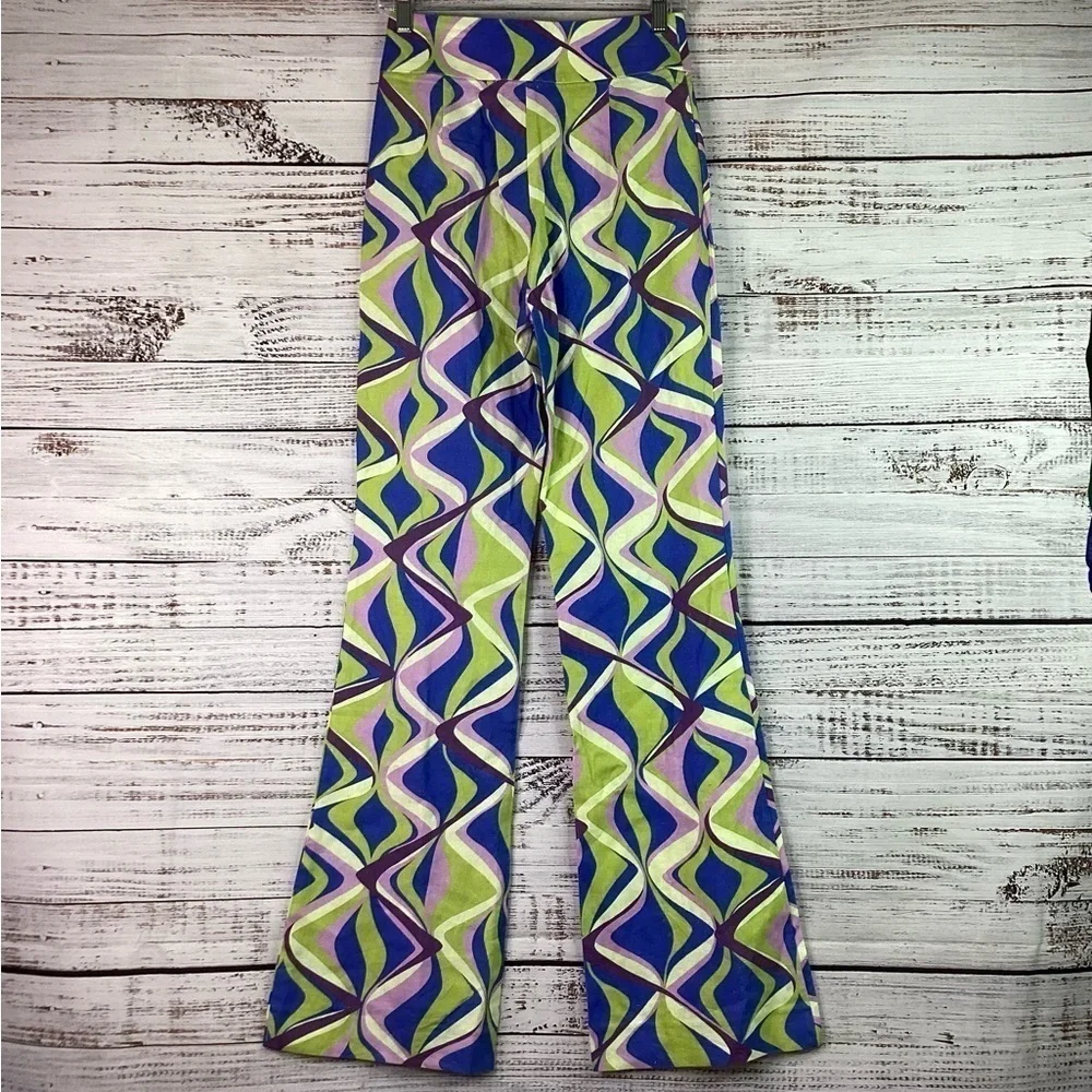 ZARA RETRO SIZE XS BLUE GREEN FLARED SUMMER PANTS SWIRL SPRING VACATION NWT‎